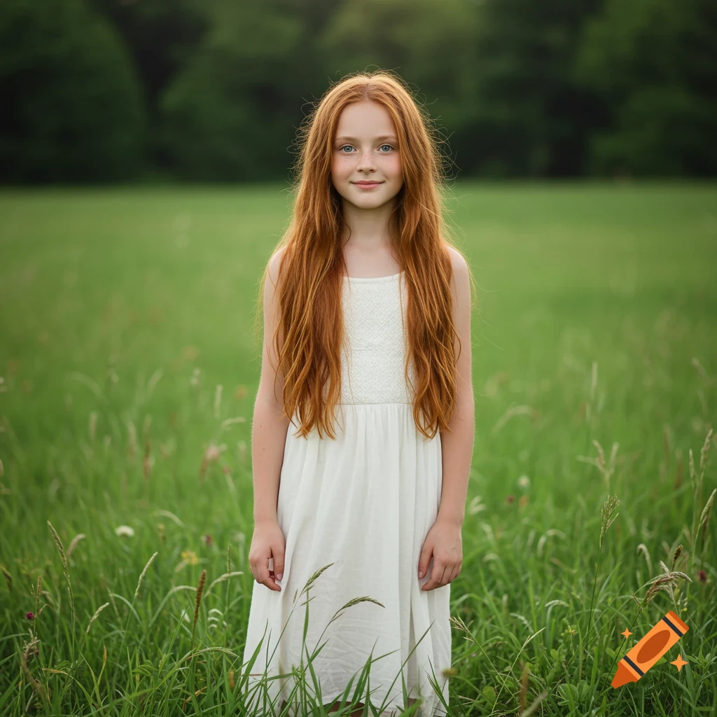 A young girl with red hair stands in a meadow, wearing a white dress.