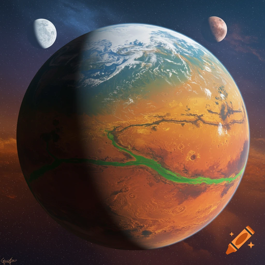 A terraformed Mars-like planet with green rivers, polar ice, and two moons in space.