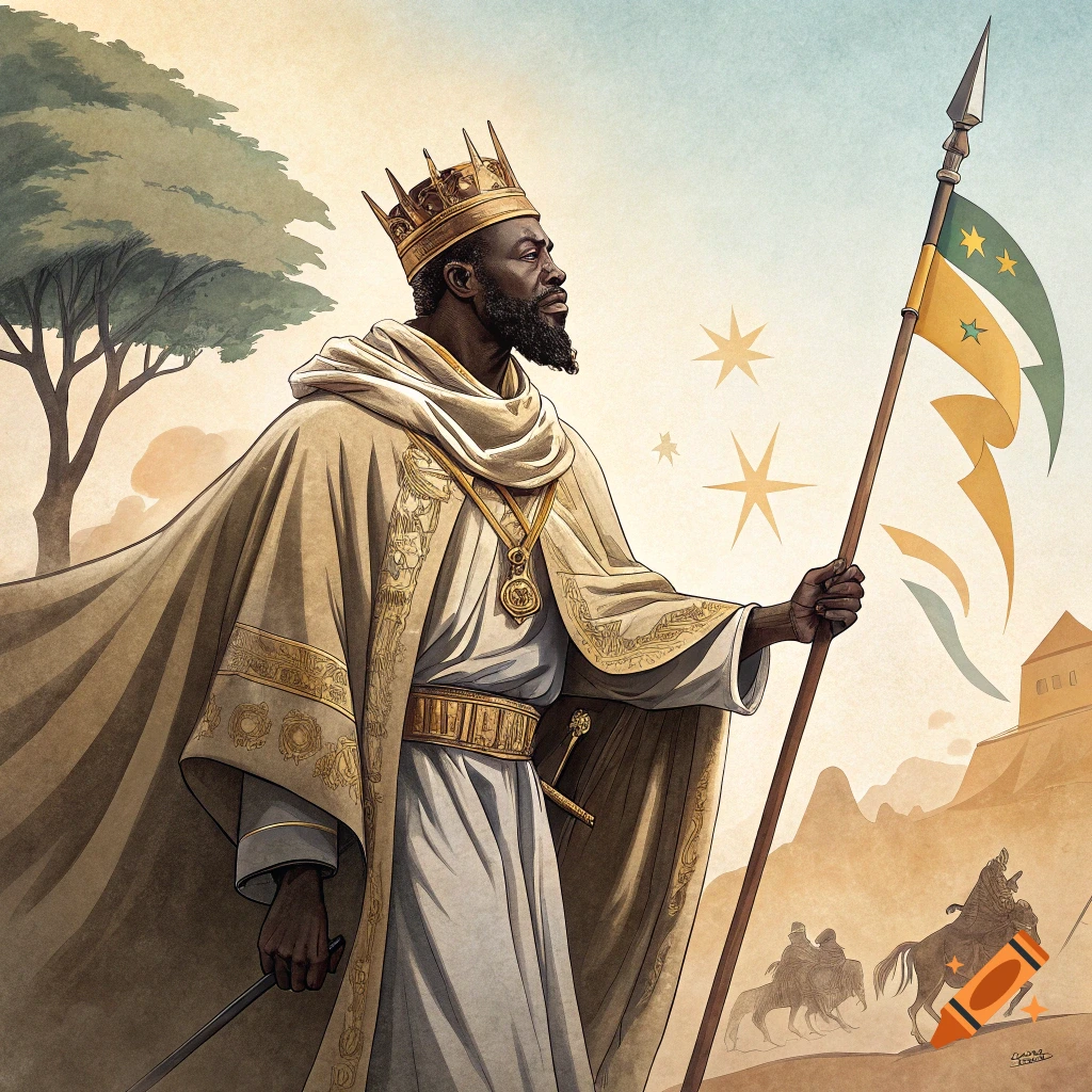 Illustration of a historical king wearing a crown and ornate robe, holding a spear with a flag, in a landscape.