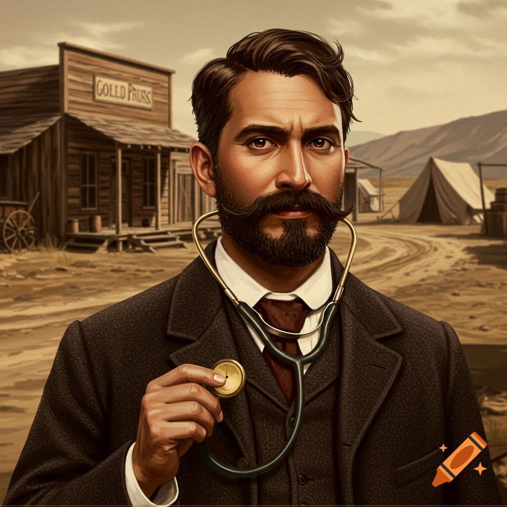 A California gold rush era doctor with a mustache and beard holding a stethoscope.