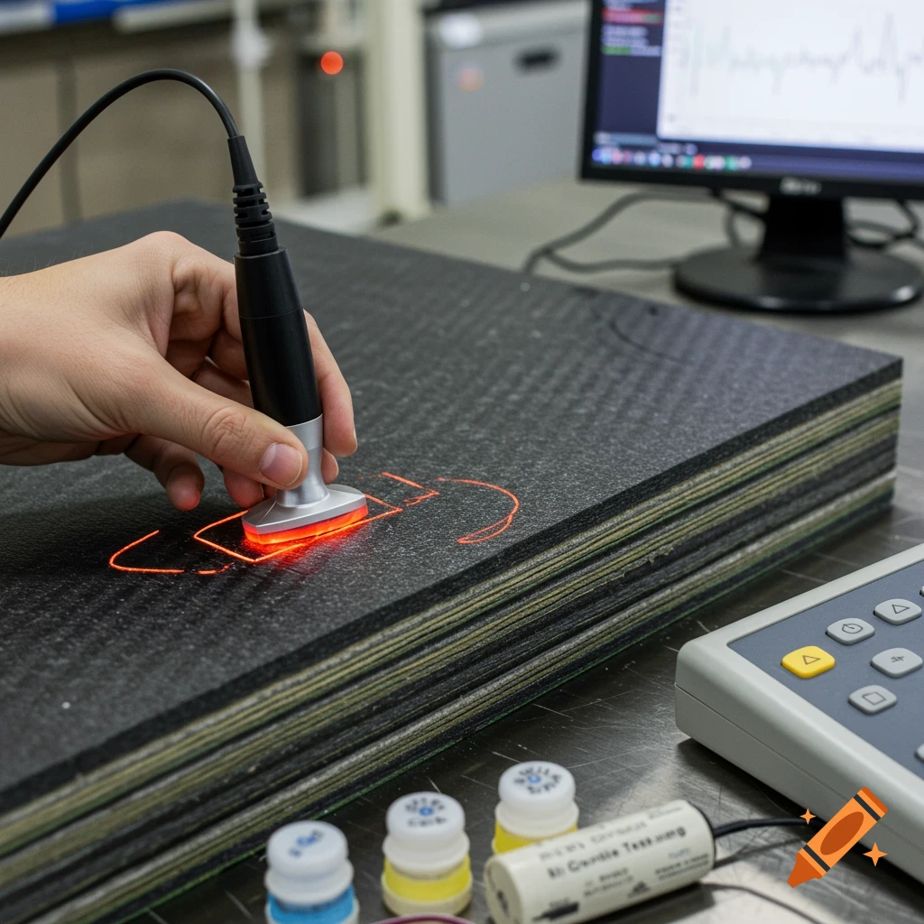 Hand using ultrasonic probe on layered composite material in a laboratory.