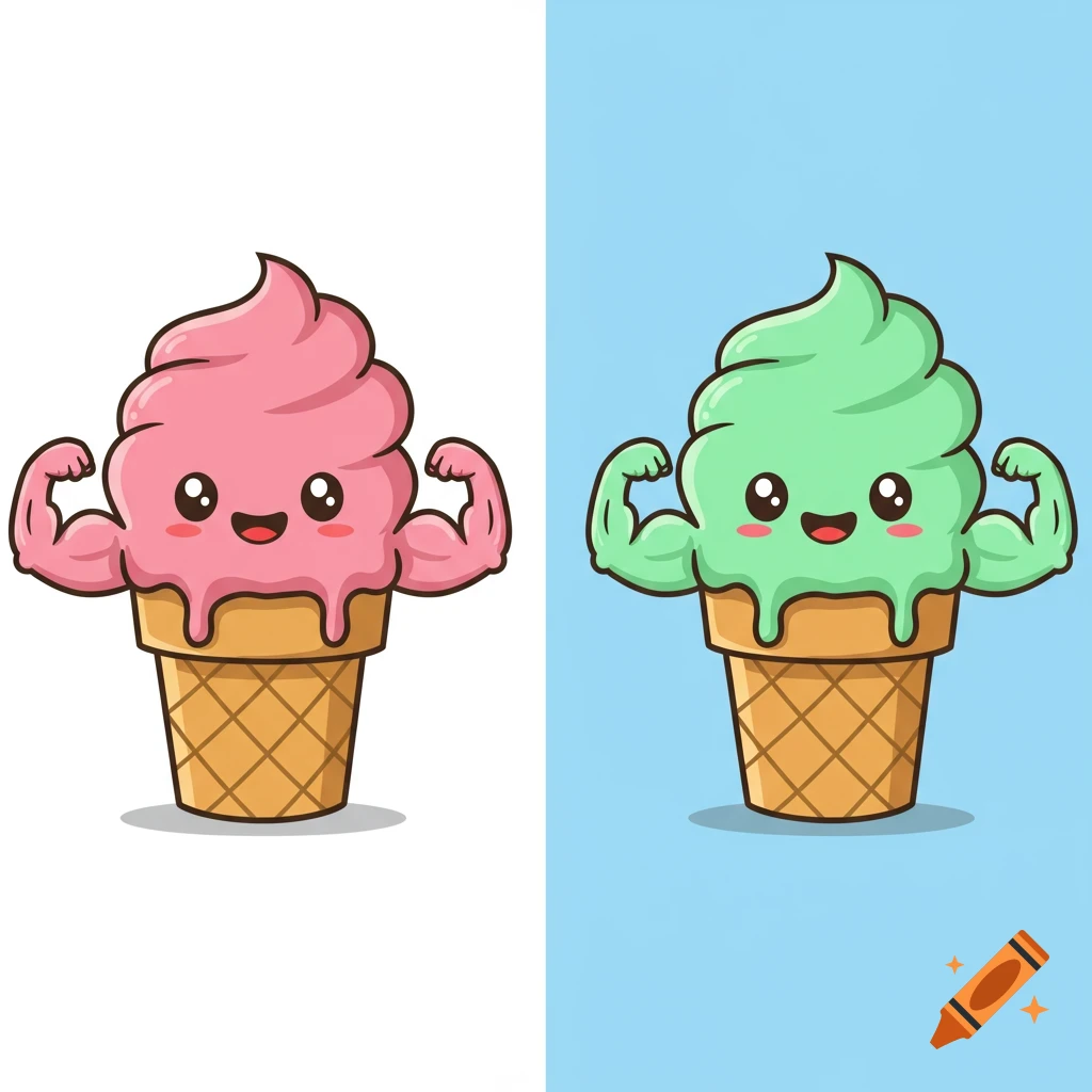 Two cartoon ice cream cones, one pink and one green, flexing their biceps.