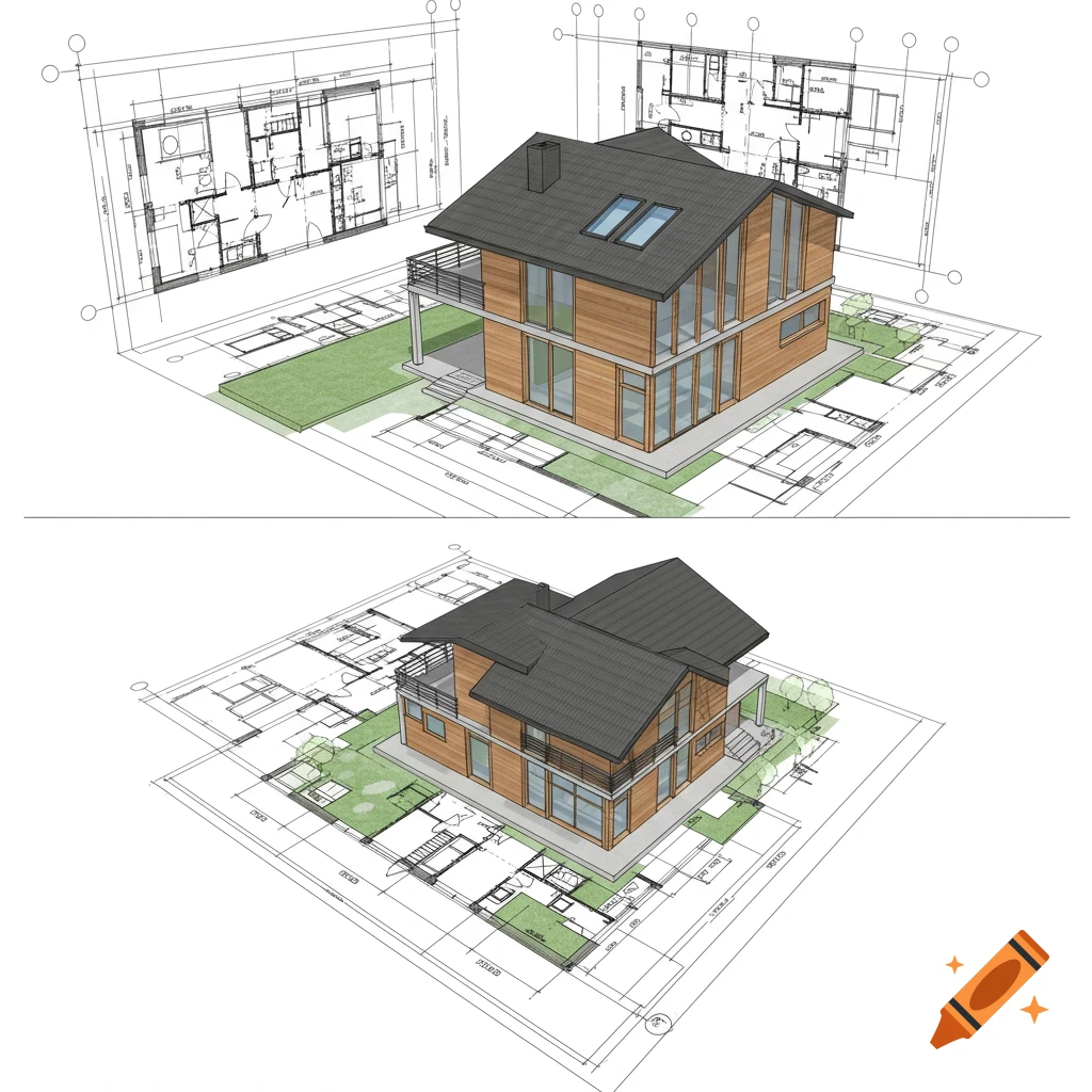 3D rendering of a modern house atop its architectural blueprints