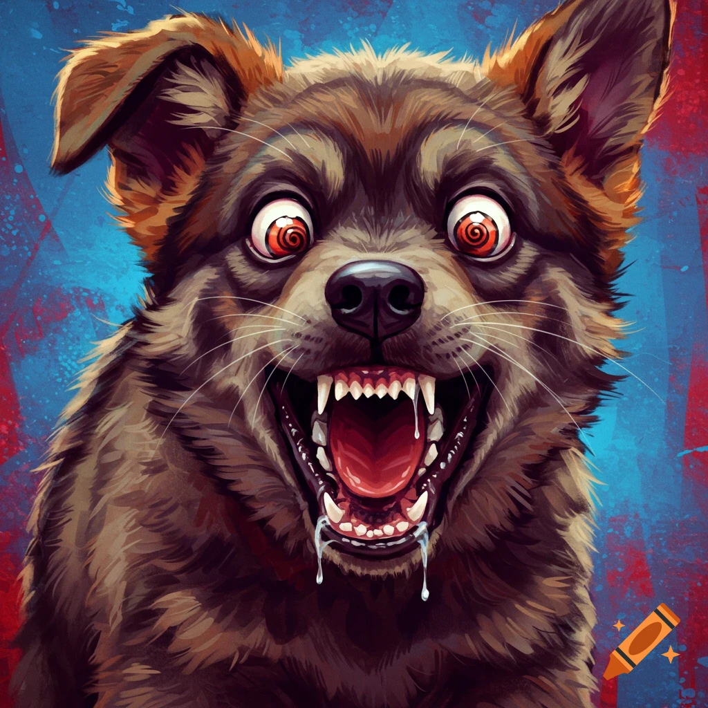 Close-up of a mad dog with wide red eyes, bared teeth, and slobber, against a colorful background.