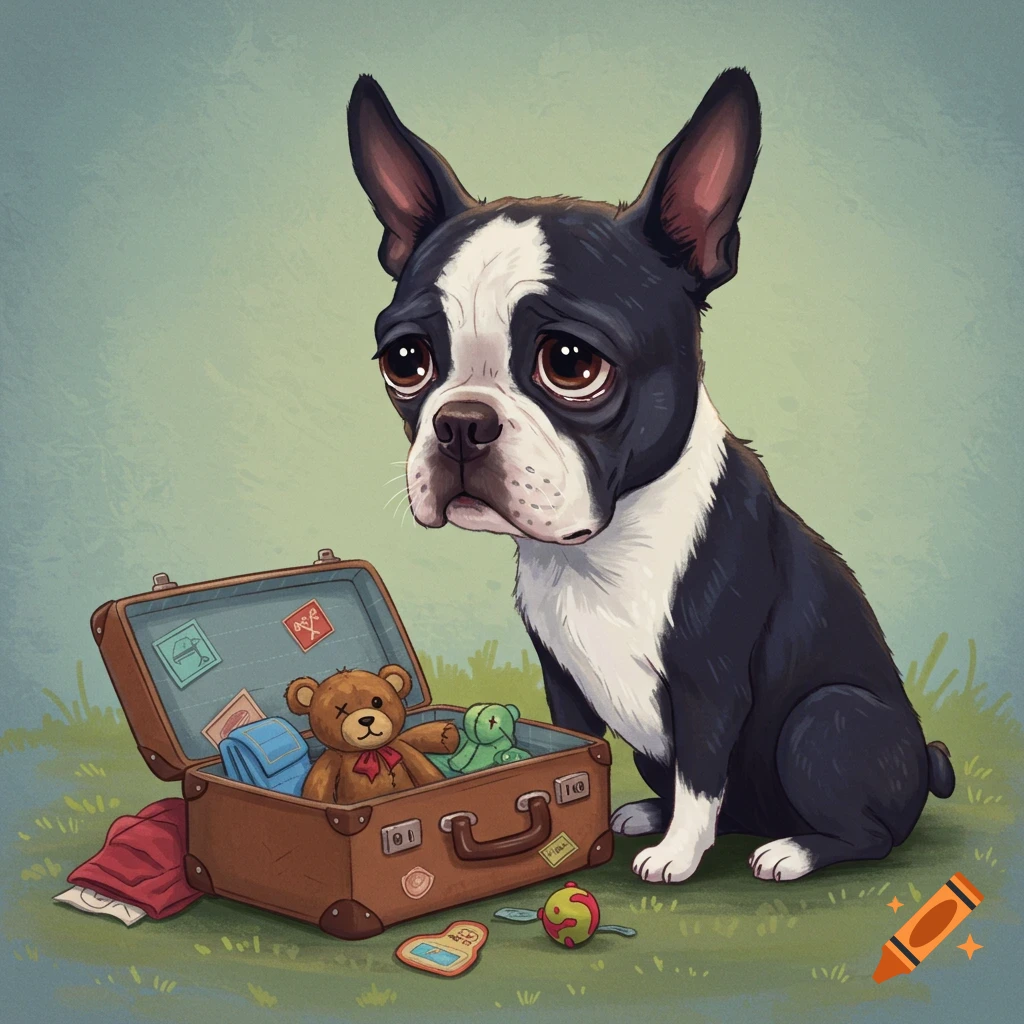 A sad Boston Terrier sits next to a packed suitcase with toys.
