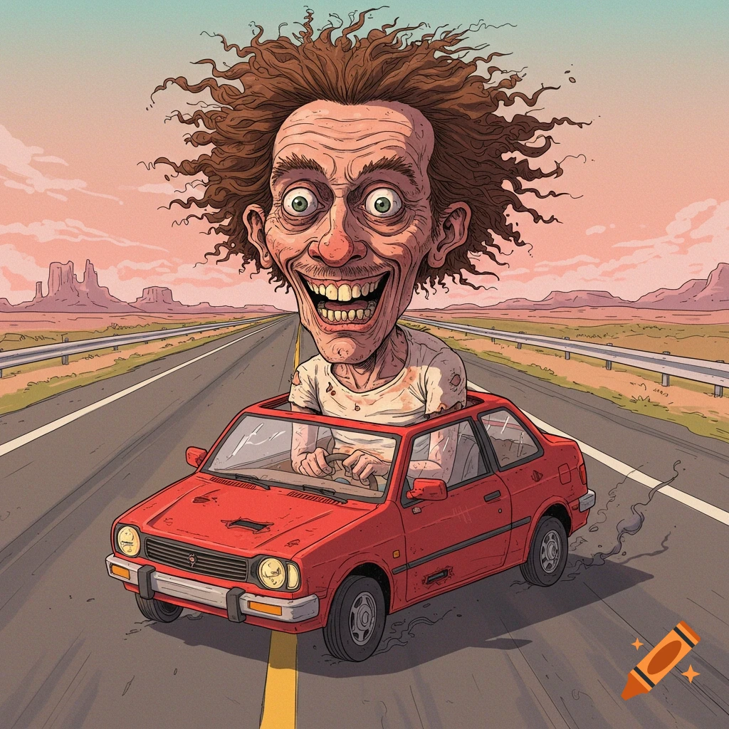 Cartoon caricature of a crazy man with wild hair driving a too-small red car on a desert highway