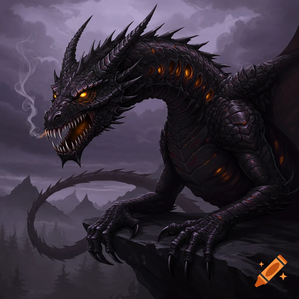 A dark black dragon is perched on a cliff against a stormy sky, smoke coming from its mouth.