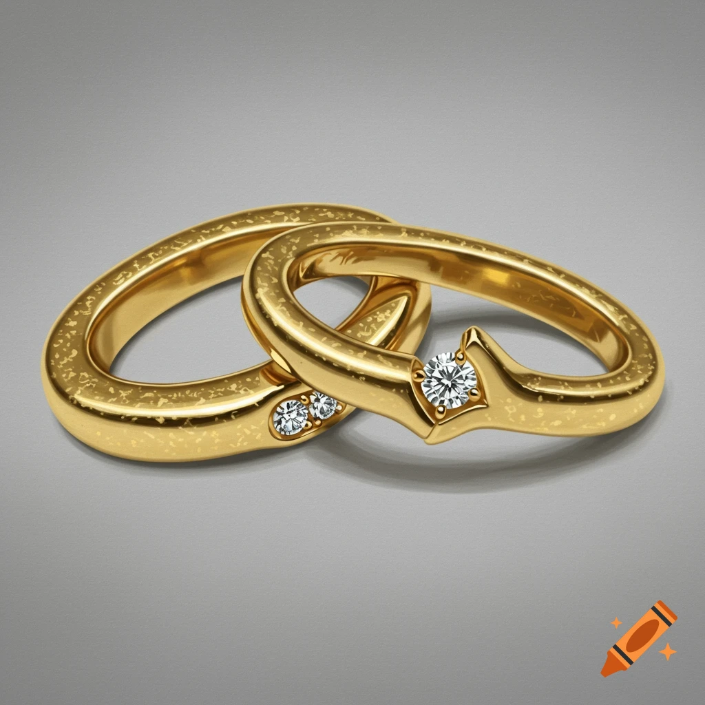 Two gold rings with diamonds are linked together, like chain links.