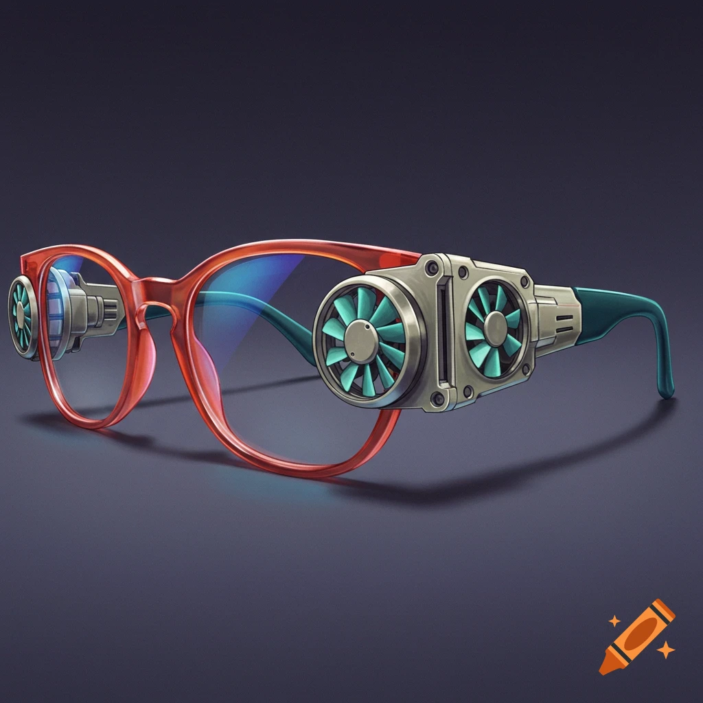 A pair of red and blue glasses with small fans attached to the frames.