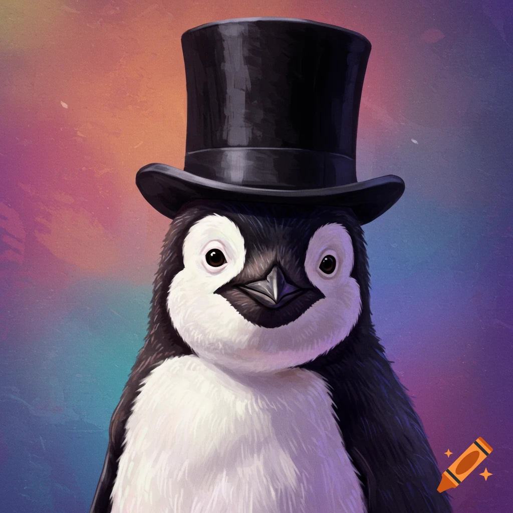 A penguin wearing a top hat against a colorful background.