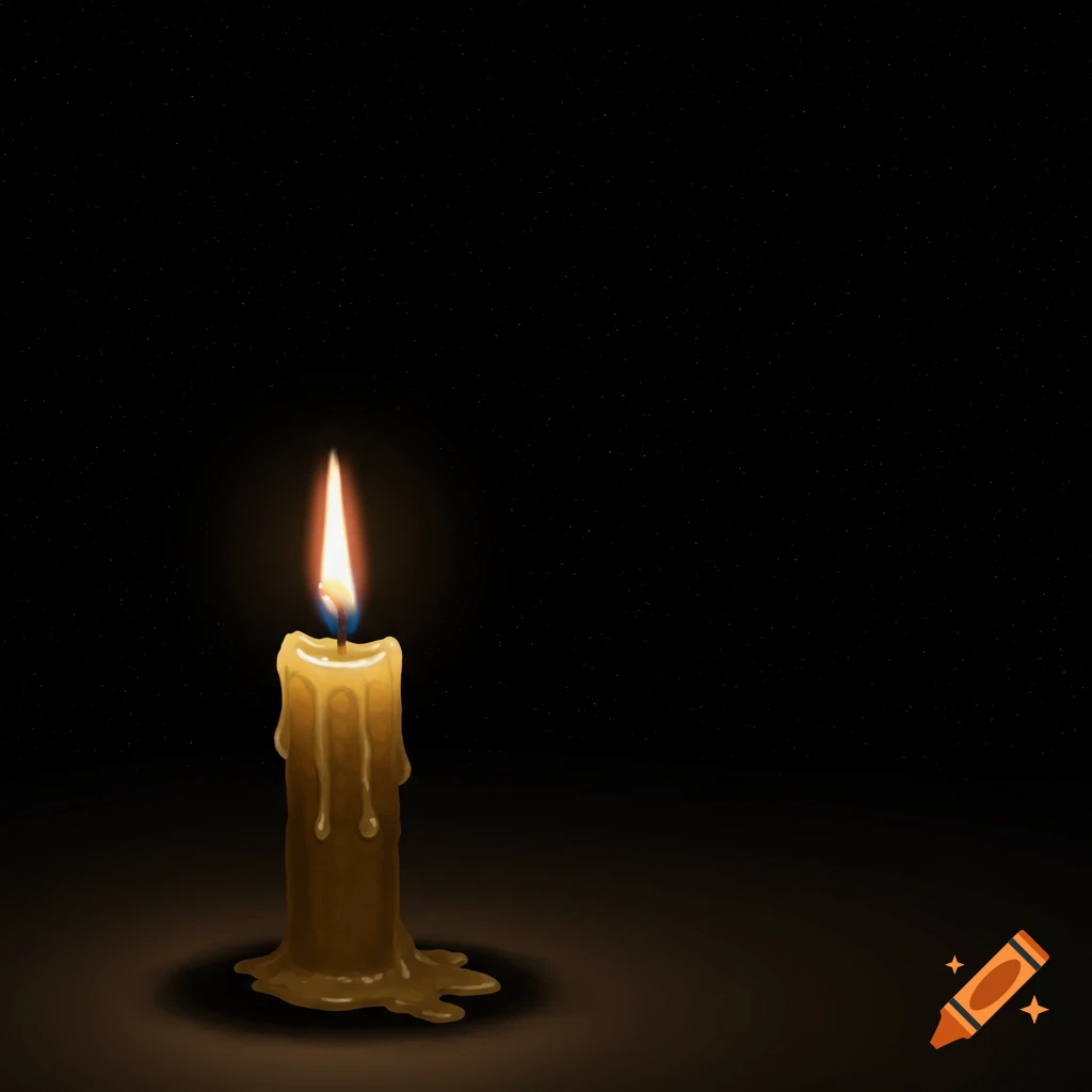 A lit candle in a dark space with stars.