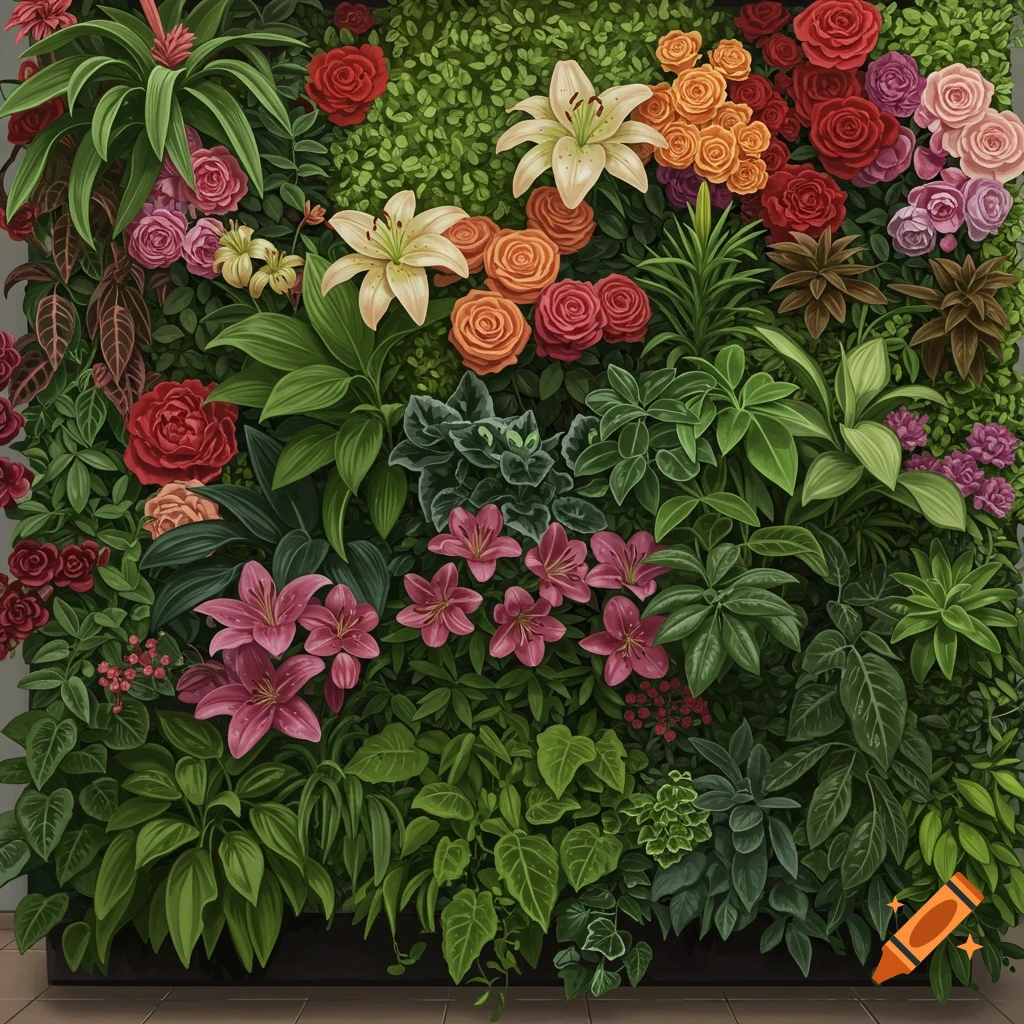 A lush green wall covered in colorful flowers and various plants.