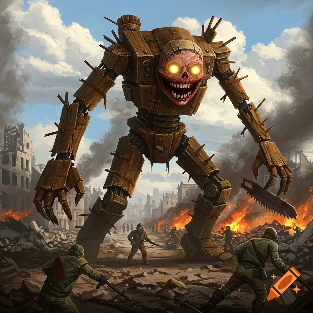 Oil painting of a giant scary robot attacking soldiers in a destroyed city.