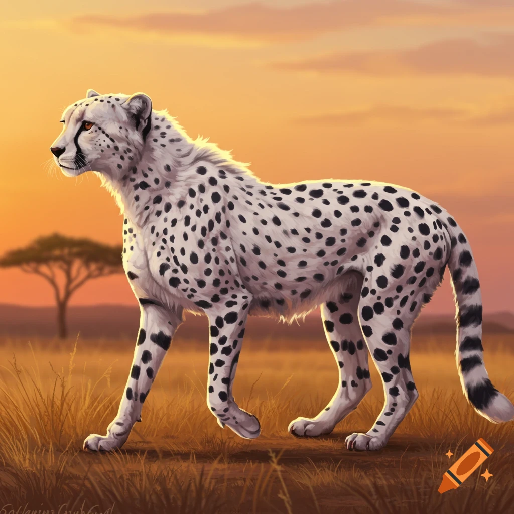 A white cheetah with black spots walks in a savanna at sunset.
