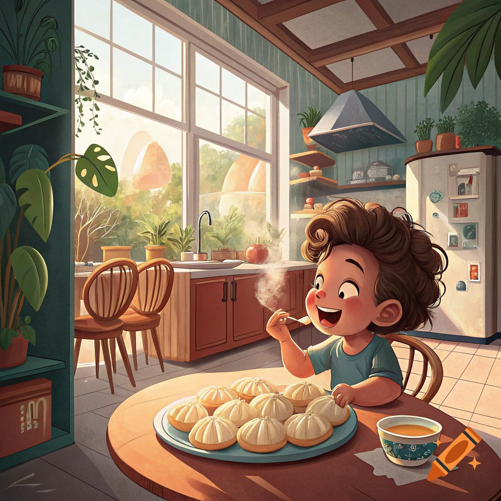 Illustration of a child happily eating steamed buns at a table in a bright kitchen.