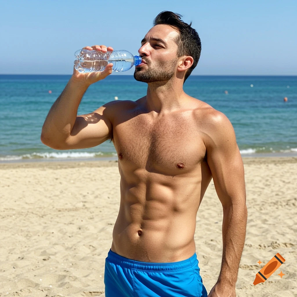A fit man drinks water from a bottle on a sunny beach.