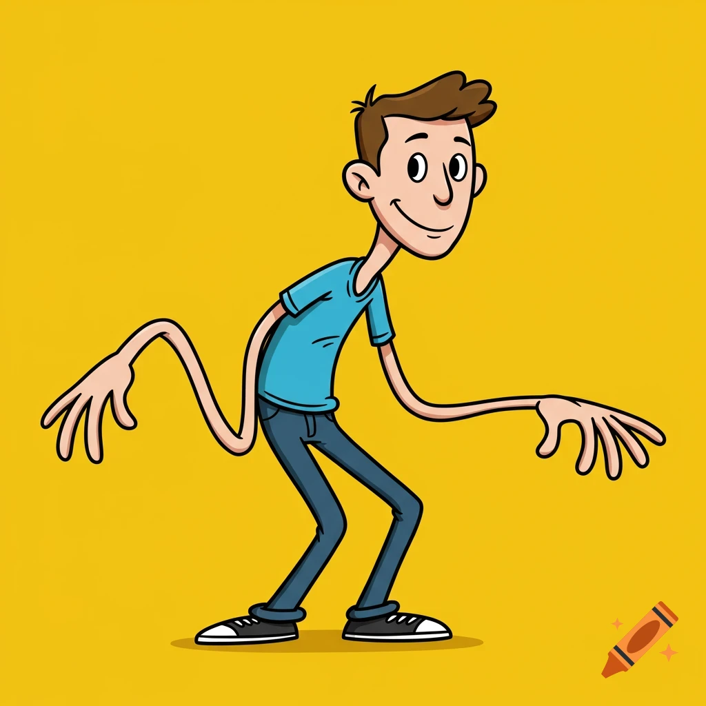 A cartoon illustration of a person with very long arms and large hands, standing on a yellow background.