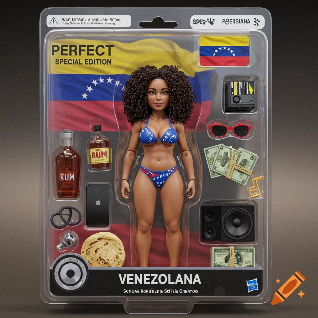 Realistic action figure of a woman in a bikini packaged with accessories and a Venezuelan flag background.