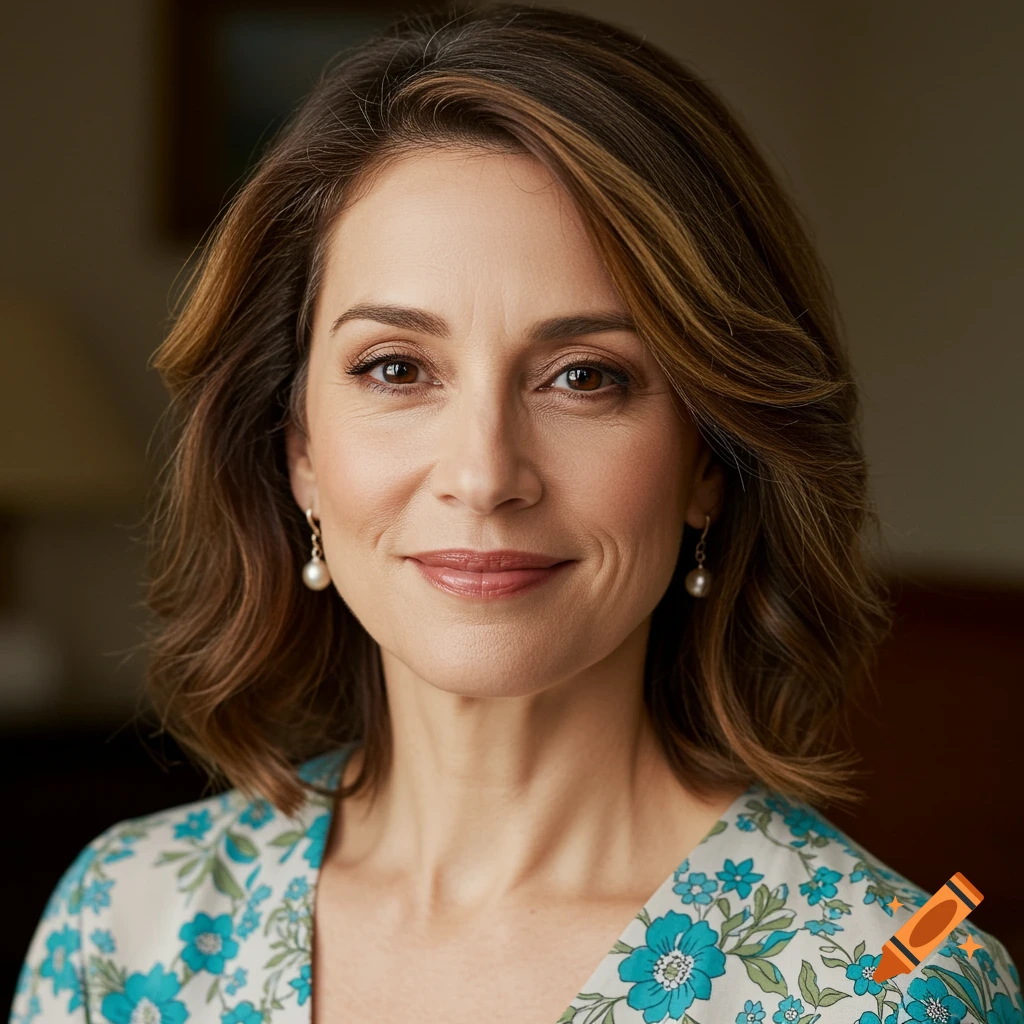 A close-up portrait of a middle-aged woman with brown hair and eyes, wearing pearl earrings and a floral dress.
