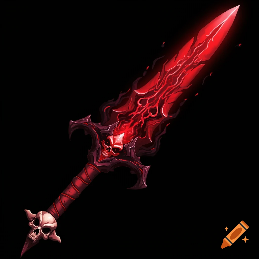 Stylized anime illustration of a demonic sword with a glowing red blade and skull-decorated hilt on a black background.