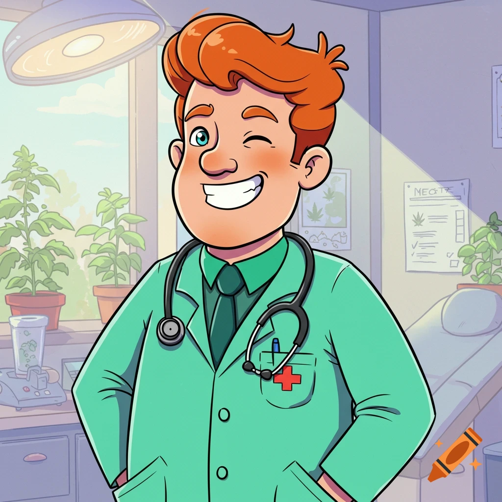 A cartoon doctor winks, wearing a lab coat and stethoscope in a room with plants.