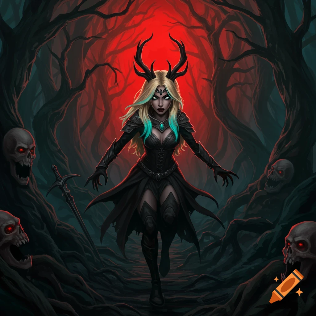 A woman with antlers stands in a dark fantasy forest with glowing red skulls and twisted trees.