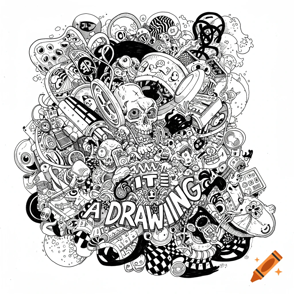 A detailed black and white doodle featuring skulls, creatures, and text 'IT'S A DRAWING'.