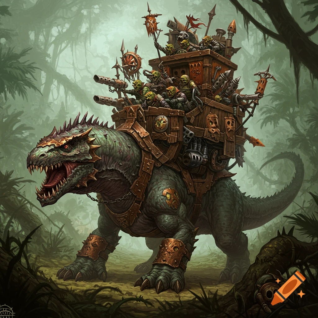 A war-machine mounted stegadon with skink crew charges through a jungle.