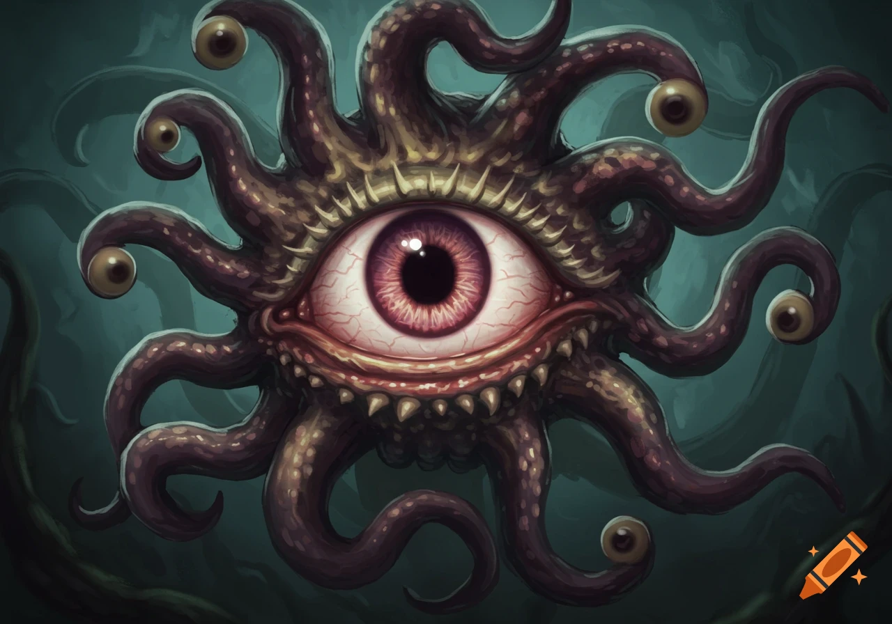 A fantasy monster with a large central eye and many tentacles with eyes at the ends.