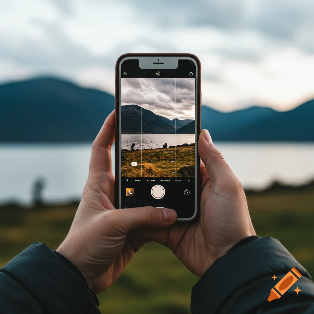 Hands holding a smartphone taking a photo of a mountain lake landscape