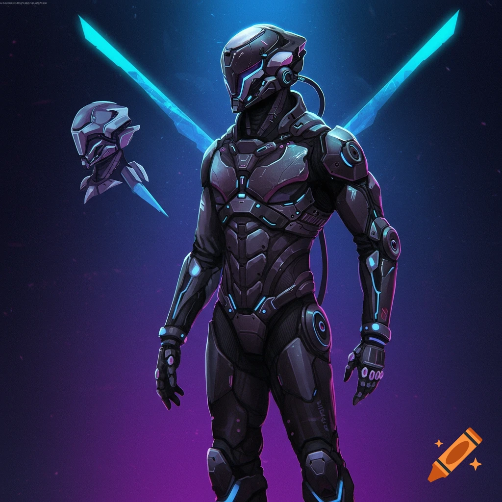A person in futuristic armor with glowing blue energy blades and a floating drone head.