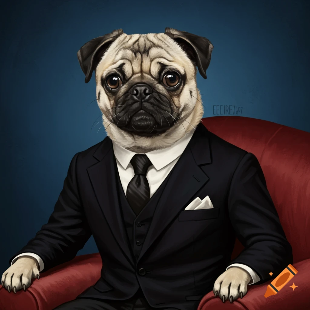 A pug wearing a black suit, seated in a red armchair.