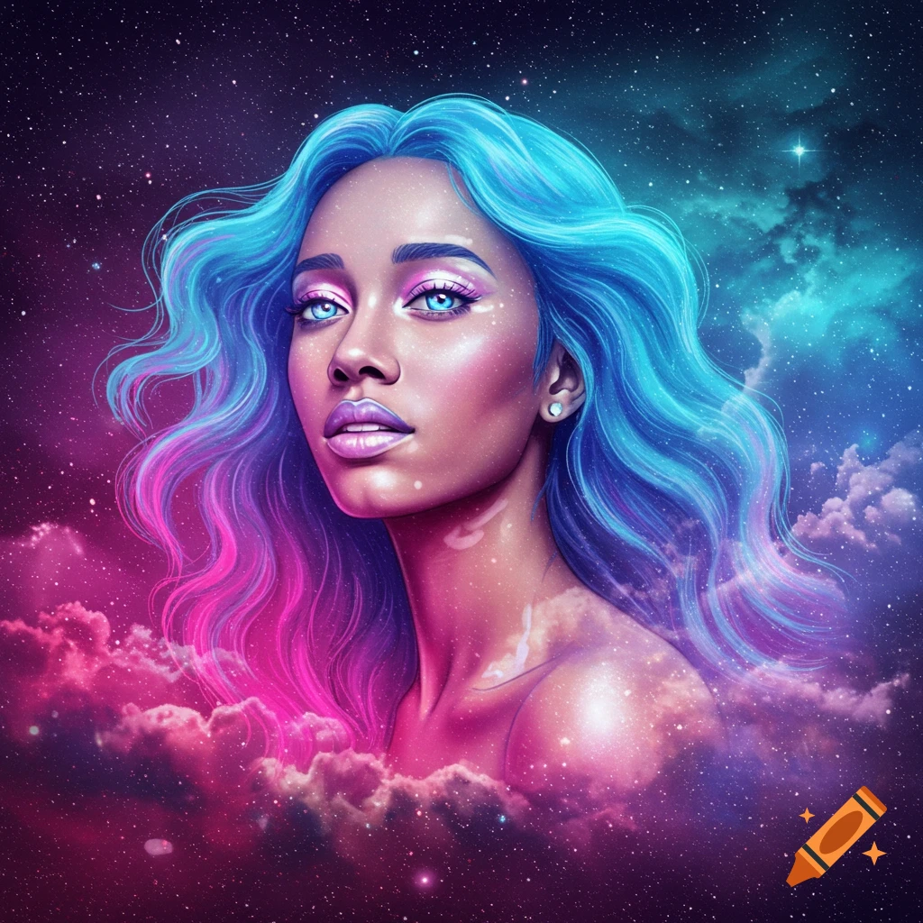 A woman with bright blue and pink hair is depicted against a starry cosmic background.