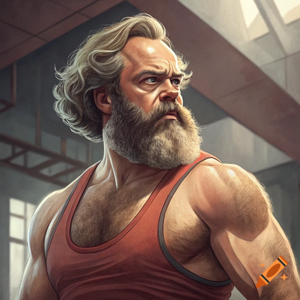 Illustration of a muscular man with a beard and long hair in a red tank top in a gym.