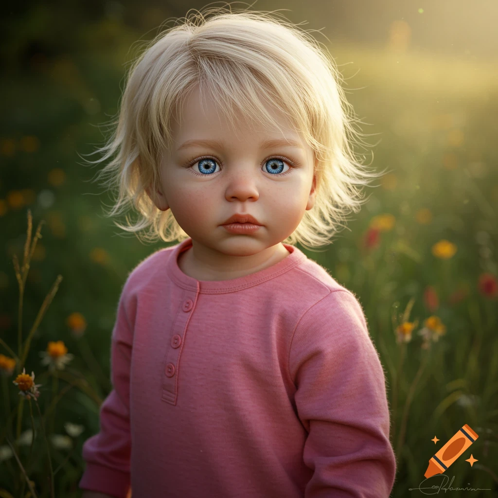 A portrait of a blonde child with blue eyes in a meadow.
