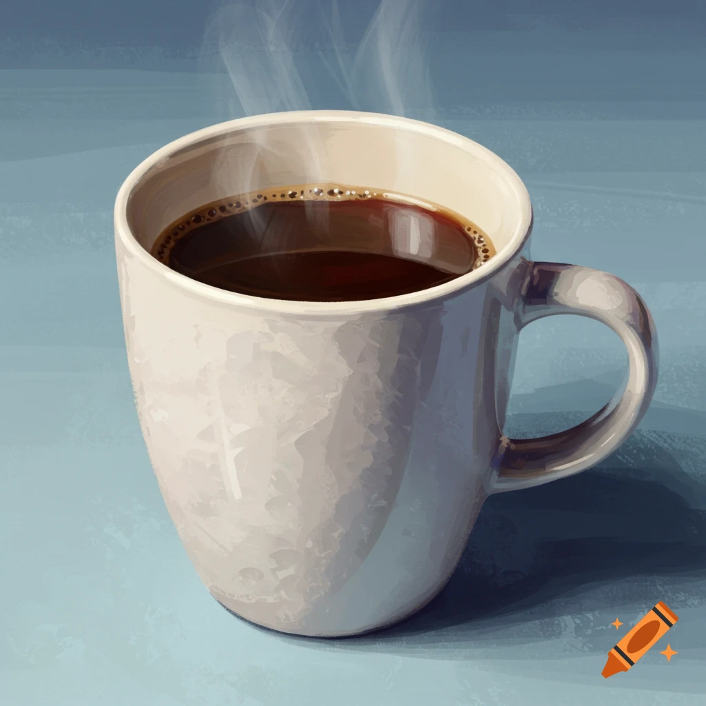 A white coffee mug filled with dark liquid and steam rising on a blue background