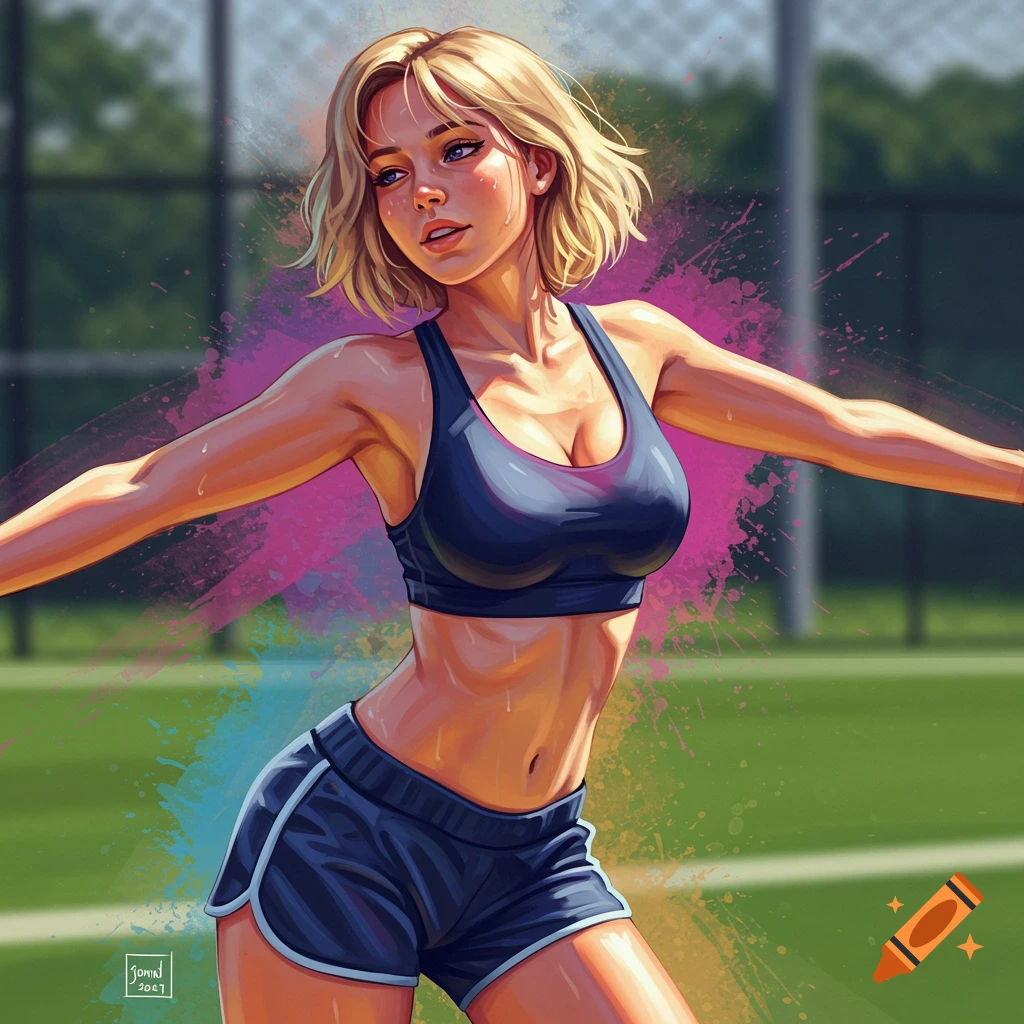 A blonde woman in athletic wear is on a field with colorful paint splatters.