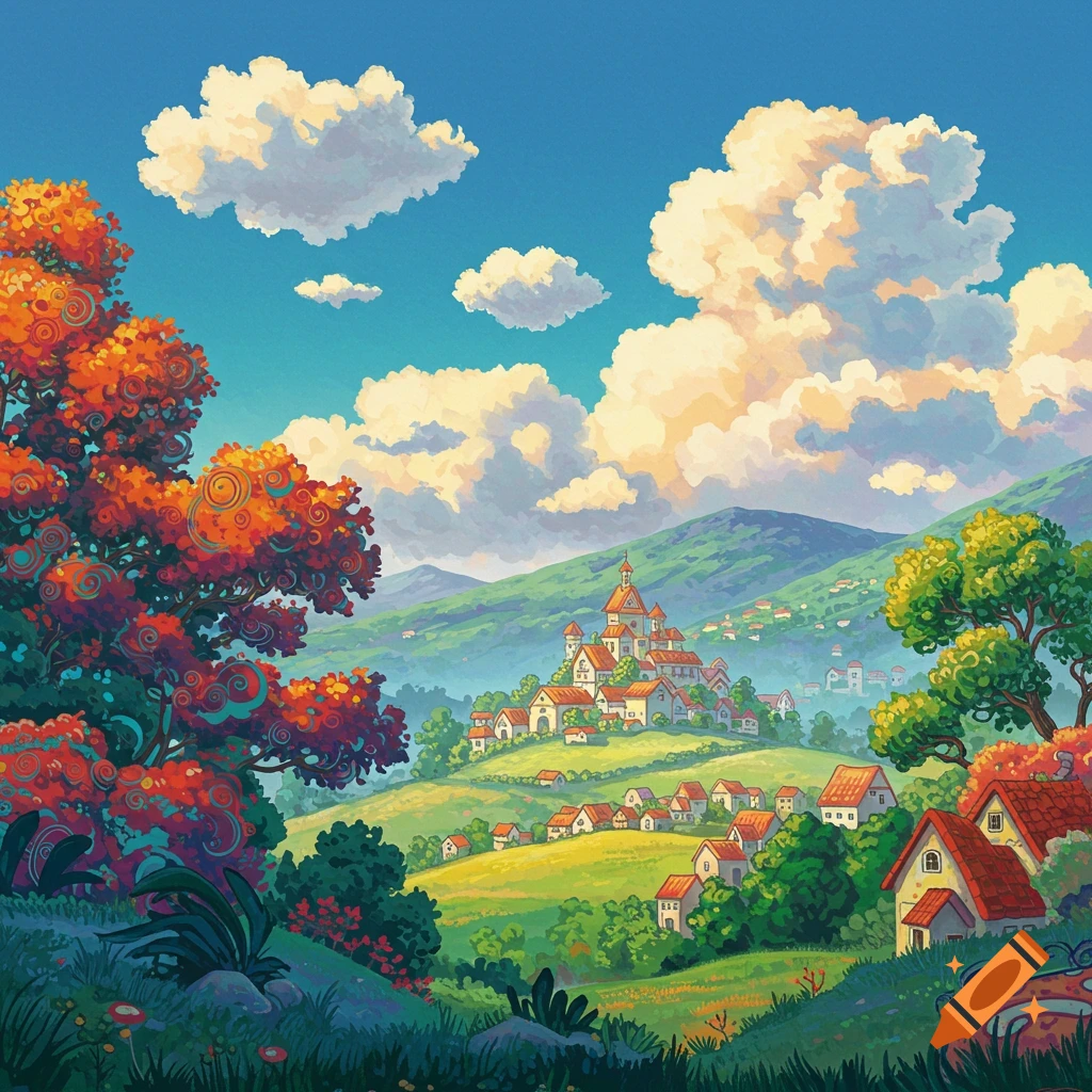 A whimsical village on a hill surrounded by colorful trees and mountains, in a Studio Ghibli style.