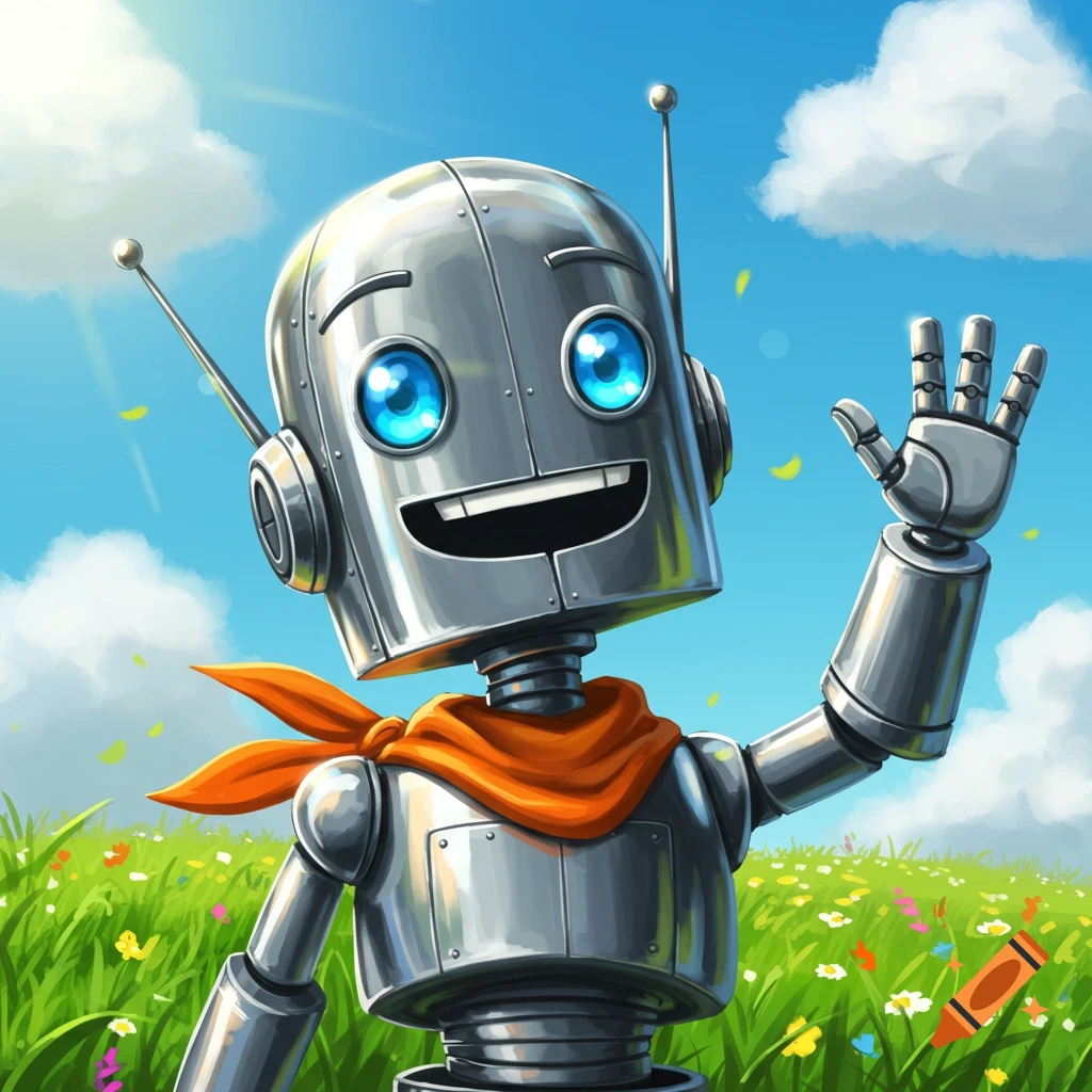 A happy shiny metal robot with big blue eyes and an orange scarf waves in a field of flowers under a blue sky.