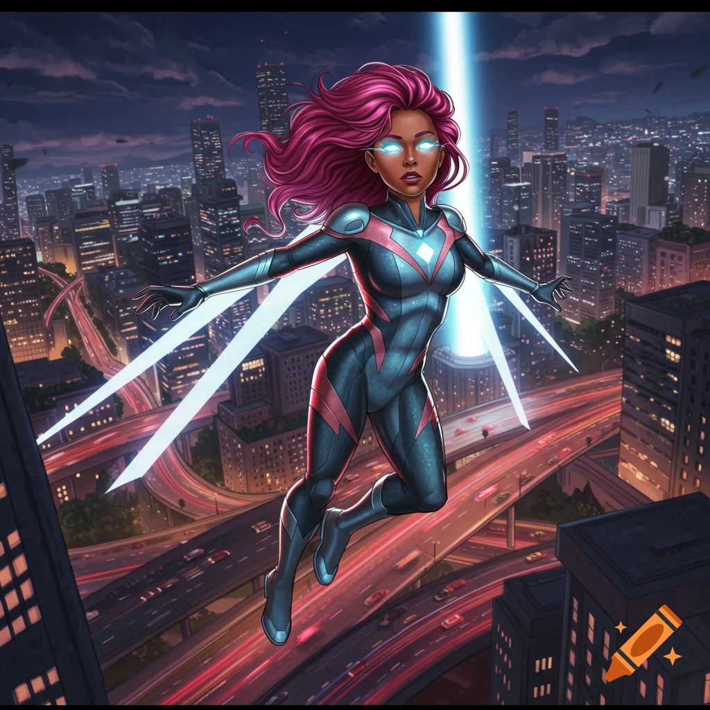 A female superhero with pink hair is soaring above a cityscape at night.
