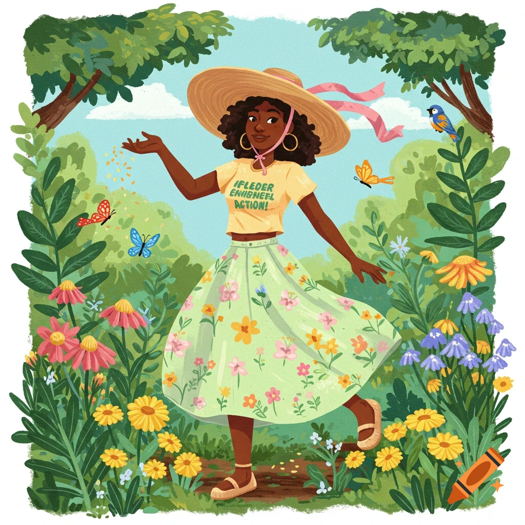 Illustration of a Black woman in a straw hat and floral skirt in a garden, surrounded by flowers and butterflies, with text on her shirt.