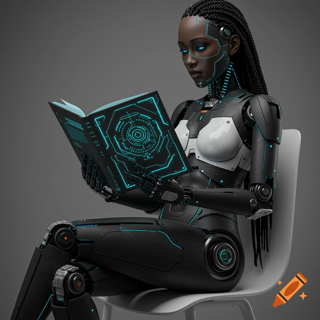 Sleek, futuristic Black woman robot sits and reads a glowing, futuristic book.