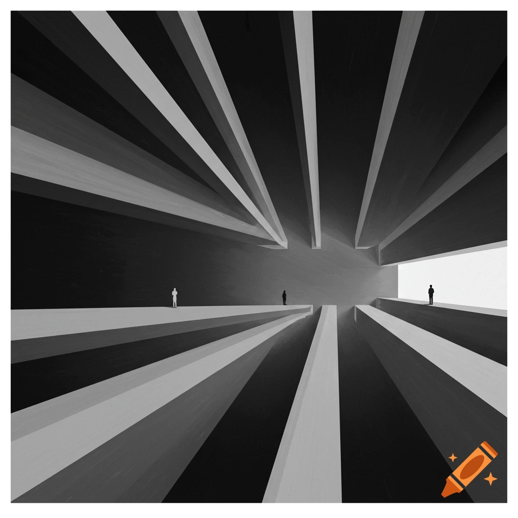 Black and white abstract architectural scene with geometric lines and silhouetted figures.
