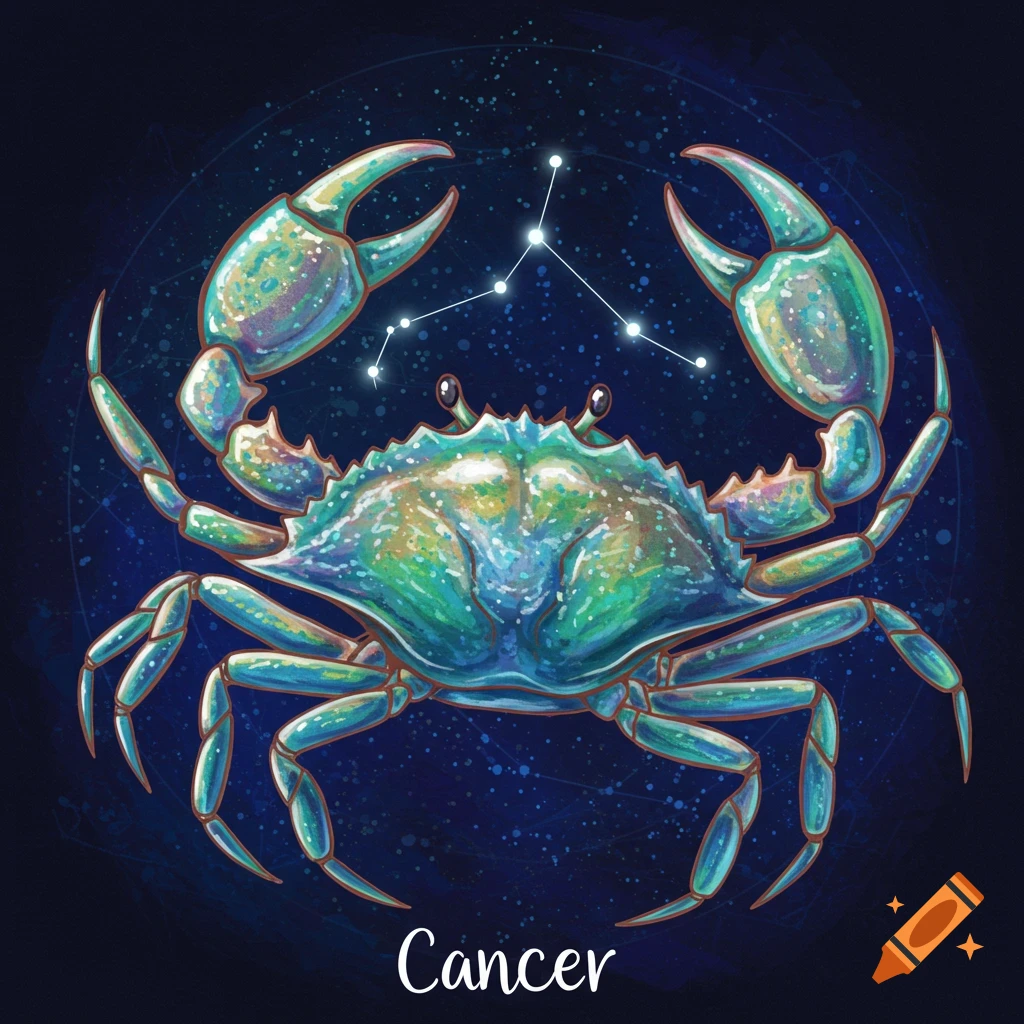 A colorful, stylized image of a blue and green crab representing the Cancer zodiac sign, with its constellation above it and 'Cancer' text below.