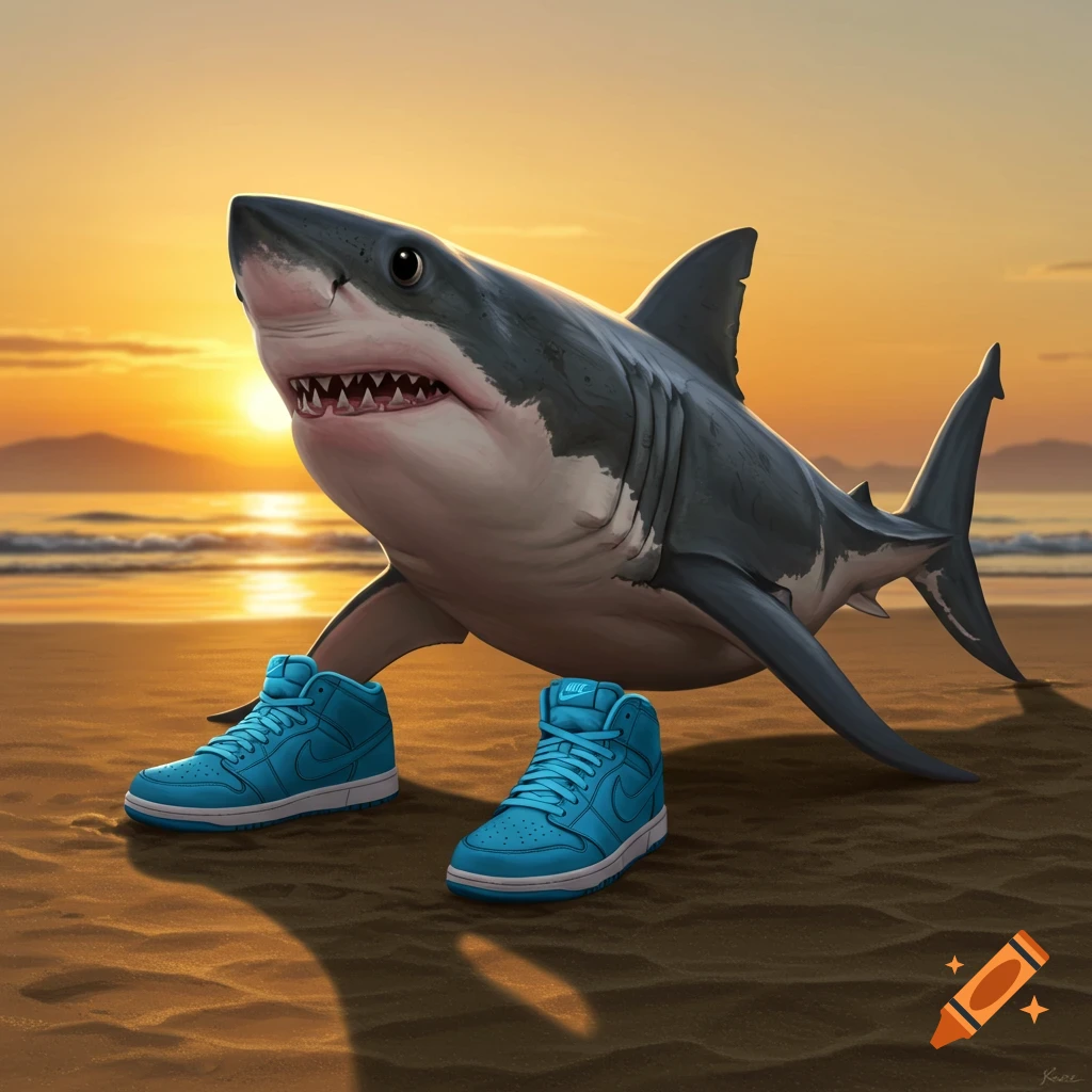 A shark wearing blue sneakers on a beach at sunset.