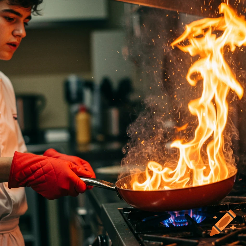 Person wearing red oven mitts cooking with fire in a pan on a stove