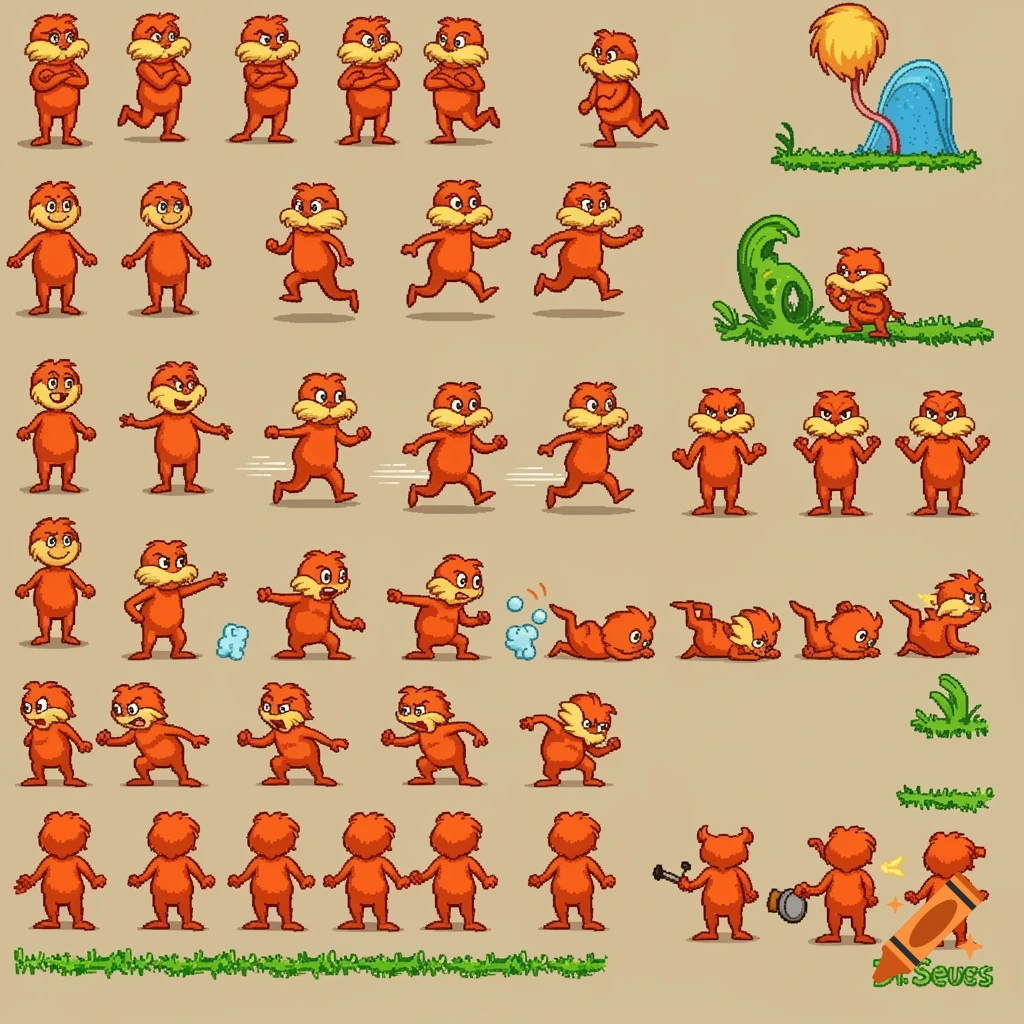 Pixel art sprite sheet of The Lorax character showing various poses and actions against a beige background.