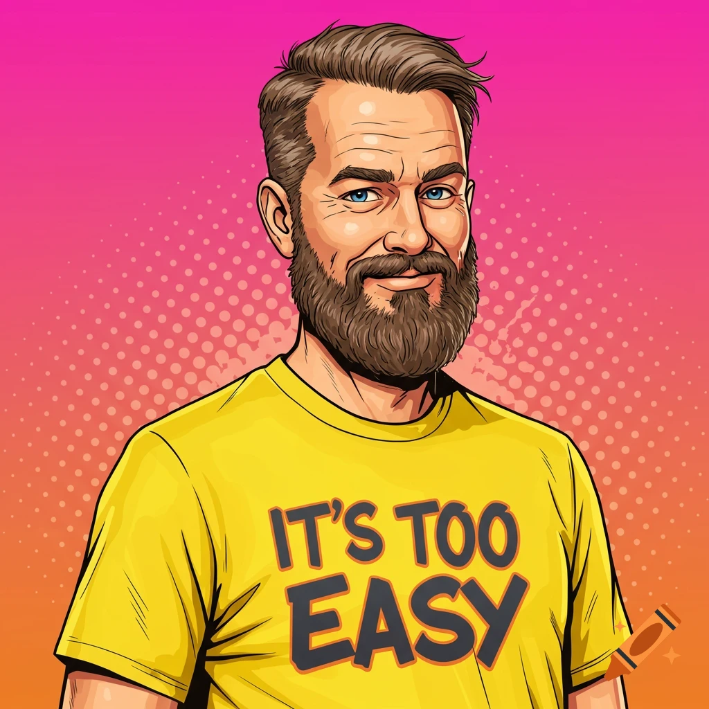 A smiling man with a beard and blue eyes wears a yellow t-shirt that says 'IT'S TOO EASY' against a pink and orange pop art background.
