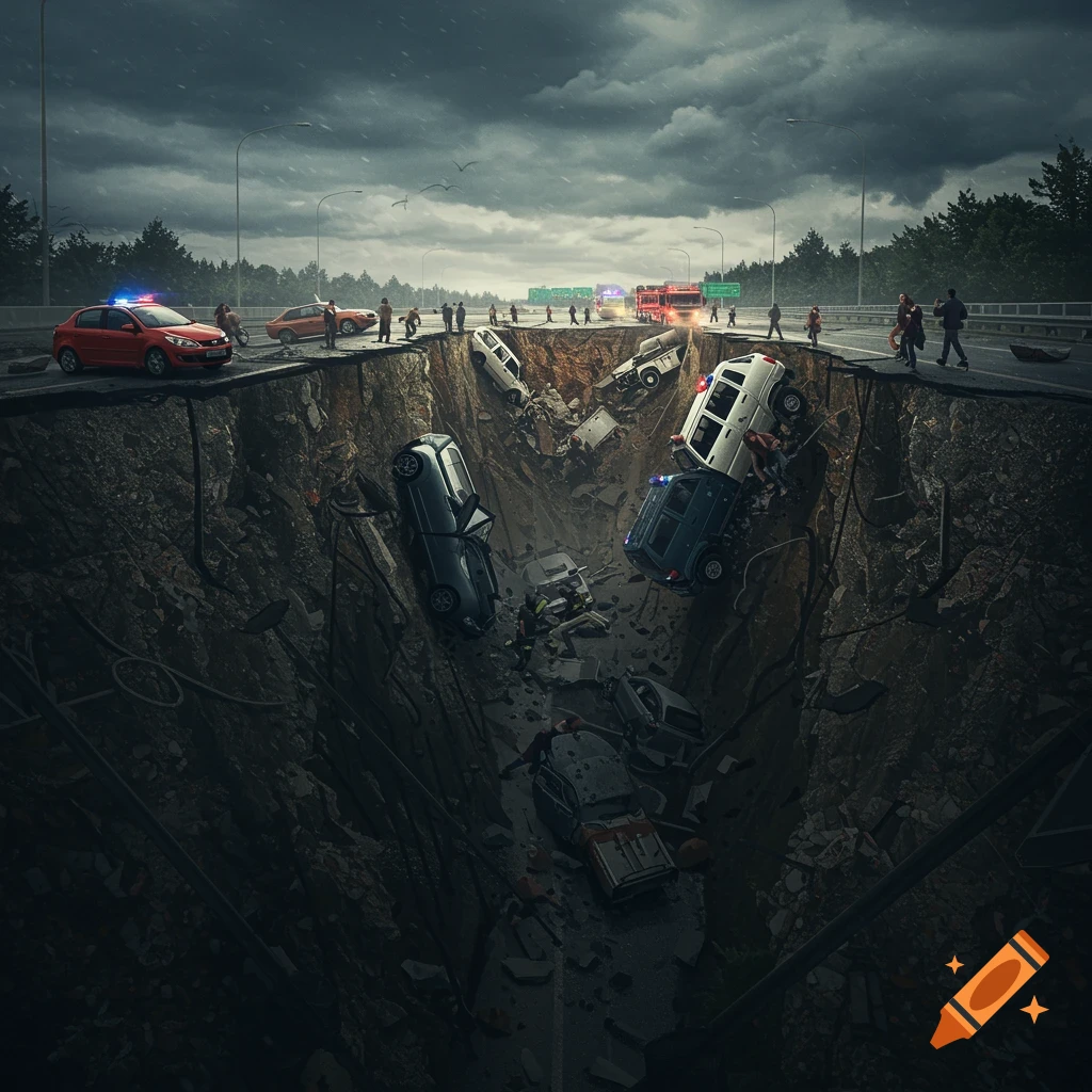A collapsed highway with cars fallen into a chasm, people on the edge, and emergency vehicles arriving under a stormy sky, digital art.