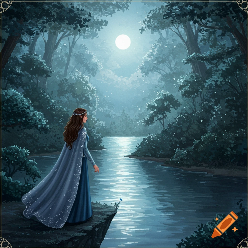 A woman in a blue cape stands on a cliff edge looking at a moonlit river in a forest.